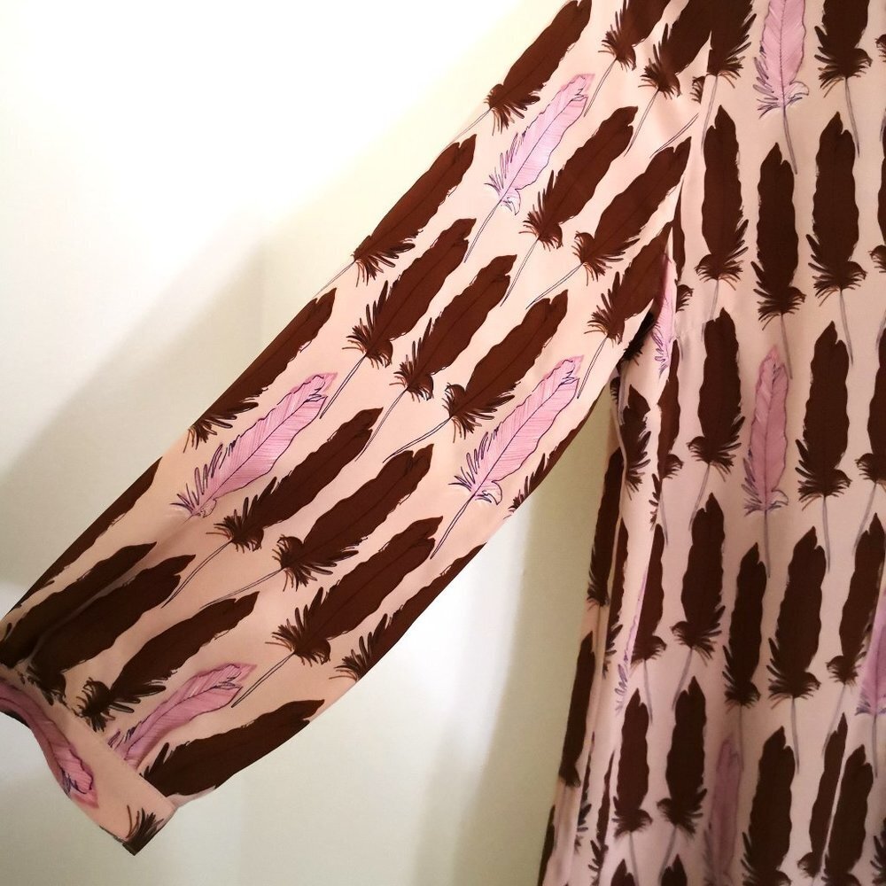 Fossil Riley 100% Silk Feather Pink Brown Button Tunic‎ Dress Size S - Picture 3 of 6